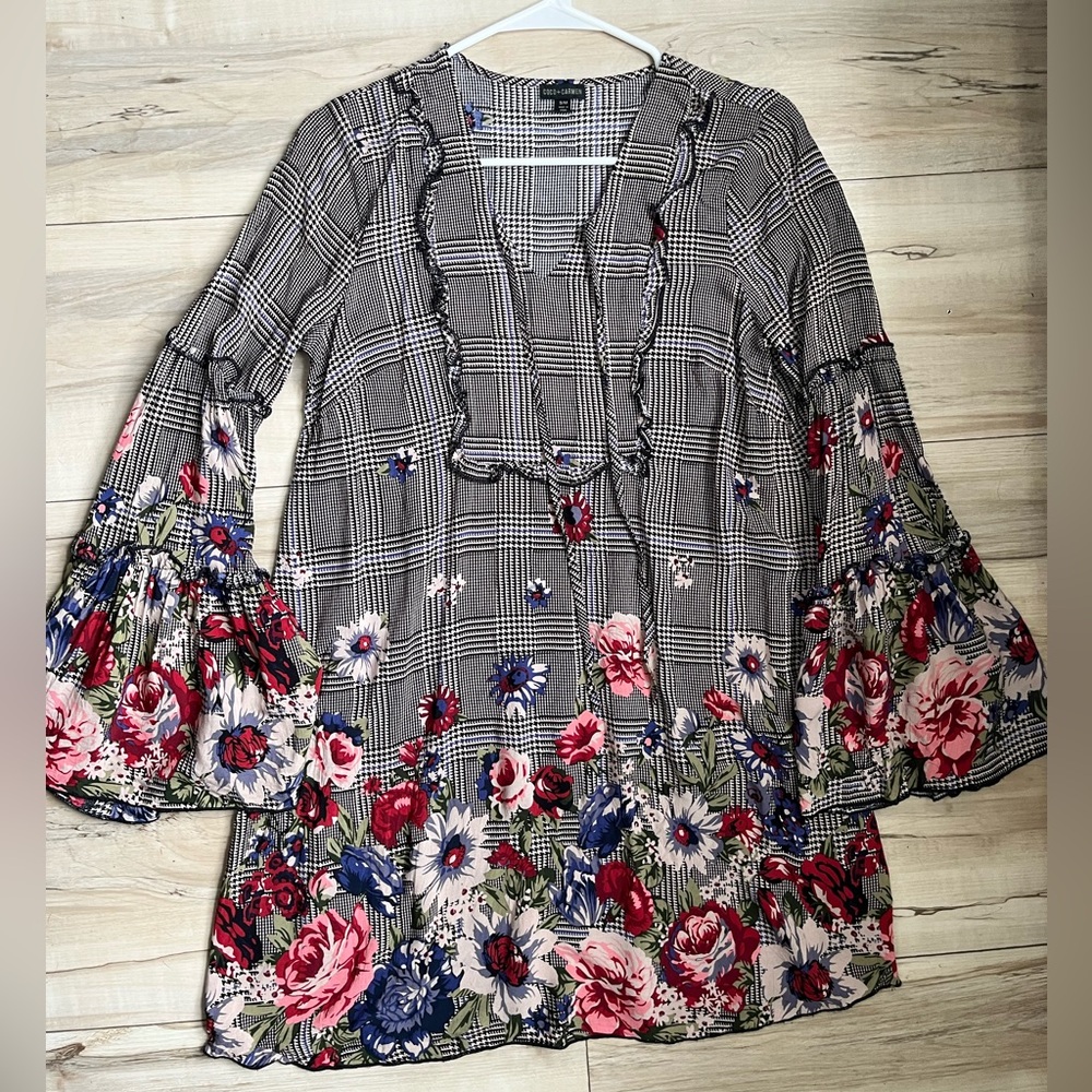 Coco + Carmen houndstooth mini Dress SzS dark feminine cottage core floral